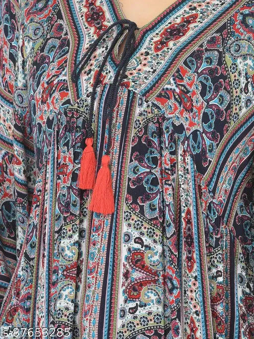 Veldress blue v-neck rayon top, printed pattern long sleeves, made in India