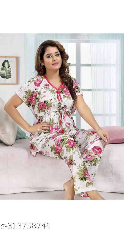 Pink satin kaftan nightsuit with cord set, stylish printed design for women's dailywear pyjama set
