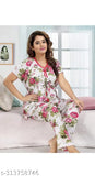 Pink satin kaftan nightsuit with cord set, stylish printed design for women's dailywear pyjama set