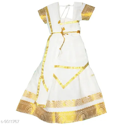 Cotton Silk and net Kids Girls Lotus Pattu Lehanga Choli with short sleeves, printed patterns and block stitch details. Indian traditional wear for ages 2-11 years
