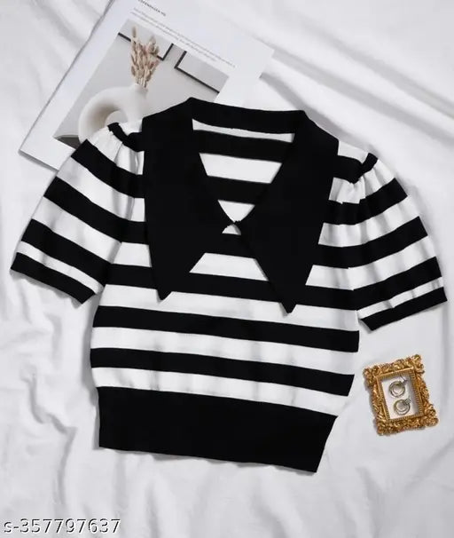 Lycra striped crop top, women's regular fit partywear tunic for chic occasions, India origin