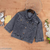 Blue denim jacket with button front, cuffed sleeves