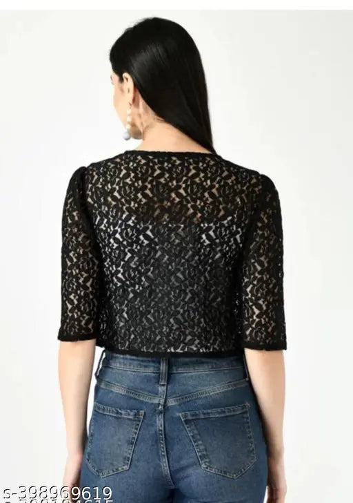 Premium Passion Patti-Black net shrug, three-quarter sleeve, self-design, women's fashion accessory on display