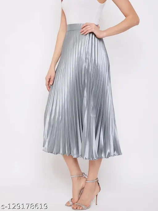 Women's trendy pleated satin midi skirt, elastic waistband, full length, flared hemline, polyester lining. Satin skirt for all body types, travel-friendly fabric. Available sizes: 28, 30, 32, 34, 36, 38, Free Size (India origin)