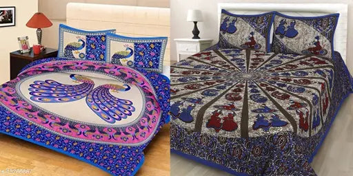 100 Cotton Jaipuri Double Bed Sheet Combo, Peacock Print, Blue Pink Bedding