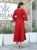 Red printed kameez, long sleeves, front slit, side pockets