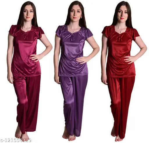 Purple-wine maroon satin nightwear combo set for women (pack of 3), dream night brand quality fashionable sleepwear