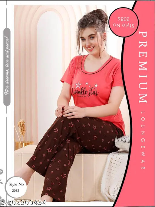 Tomato red cotton hosiery night suit: ladies half sleeve T-shirt & pyjama set (100% cotton, regular fit)