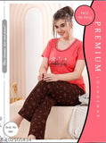 Tomato red cotton hosiery night suit: ladies half sleeve T-shirt & pyjama set (100% cotton, regular fit)