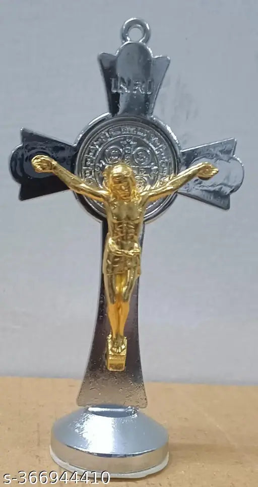 Silver-gold plated 8cm KSB Saint Benedict Crucifix, ideal for cars or home decor