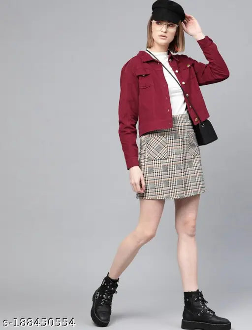 Denim Fancy Designer Women's Jacket, Solid pattern, long sleeves, size S (34in bust, 18in length)