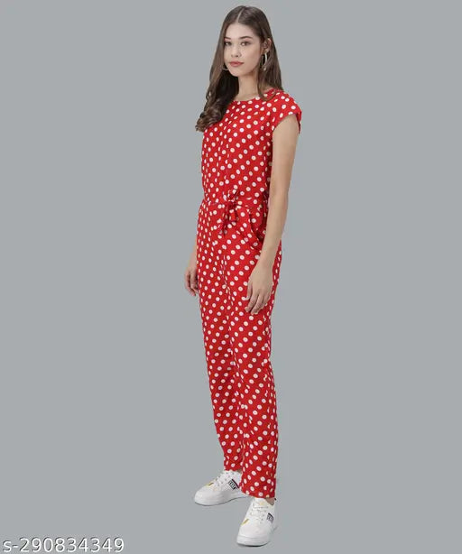 Red polka printed crepe jumpsuit for women, short sleeves and cap sleeves options available
