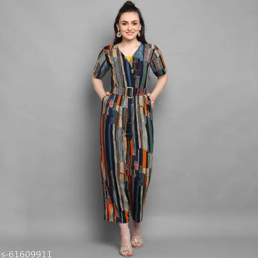 Vibrant Rayon Jumpsuit for Women, three-quarter sleeves, printed pattern, perfect for western style. Made in India