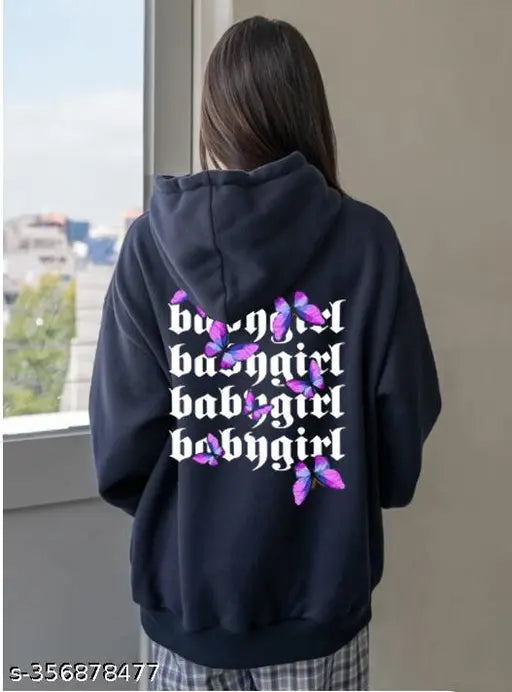 Navy oversized cotton blend printed hoodie, long sleeves, trendy designer women's outerwear