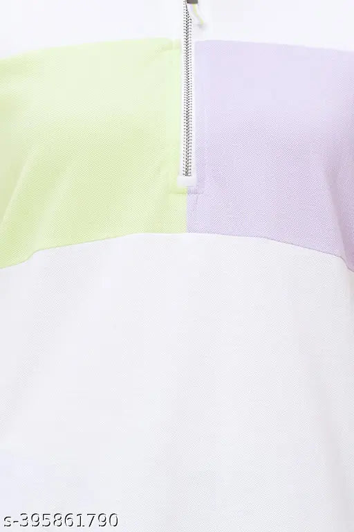 Colorblocked cotton short sleeves Vercetti women's cut and sew t-shirt, vibrant design on display stand