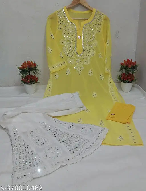 Women's traditional Luckhnowi outfit, yellow and gold embroidery on white base fabric, long kurta with matching dupatta, intricate mirror work, hand-worked embroidery details