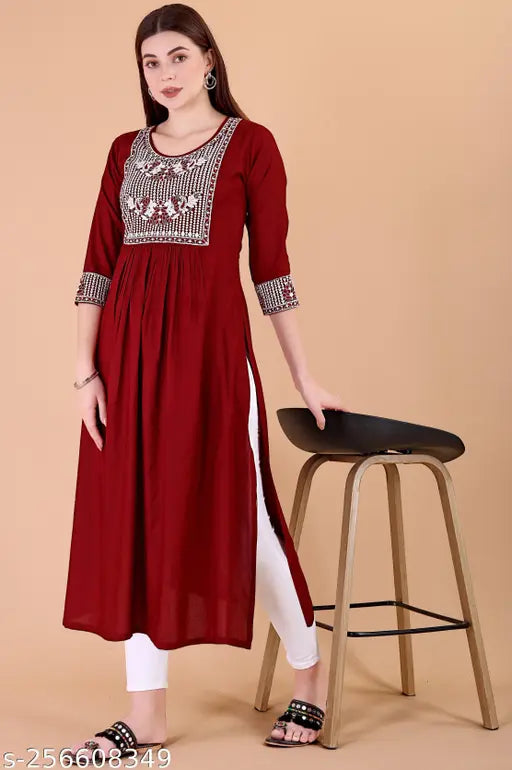 Viscose Rayon A-Line Embroidered Naira Cut Kurta, women's traditional Indian party wear in various colors and sizes