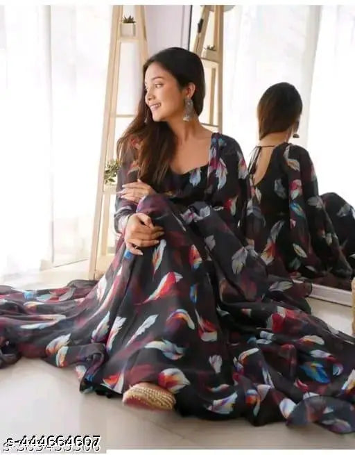 Comfy elegant georgette gown with full net sleeves and printed pattern, knee-length dress in wine tone for women's party wear