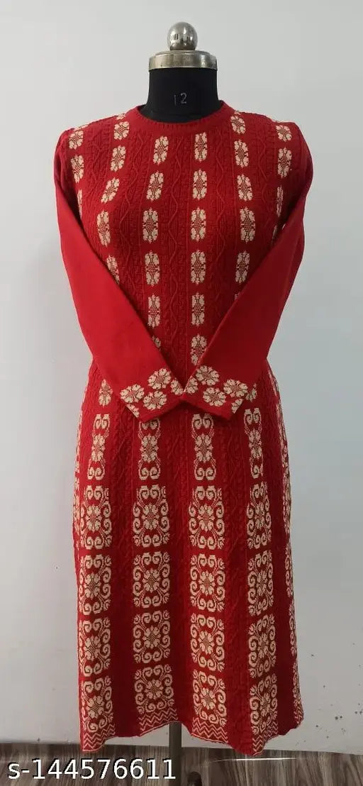 Red and gold embroidered dress with long sleeves, knee length, fitted bodice