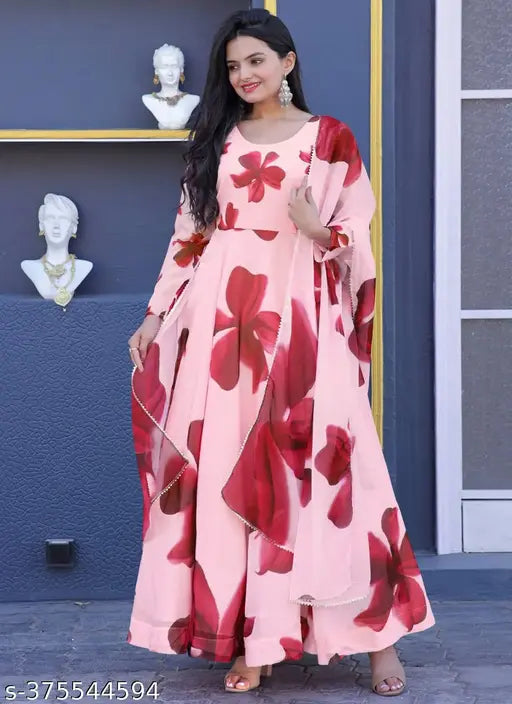 Teen girls outfit, womens wear, digital print dress, silk tebby round neck, casual gown with dupatta