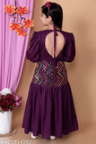 Purple long dress with v-neck, 3/4 sleeves, slit side, and back zipper