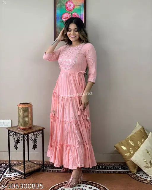 Pink cotton embroidered three-quarter sleeve dress, trending Indian women's wear in sizes S to XXXL
