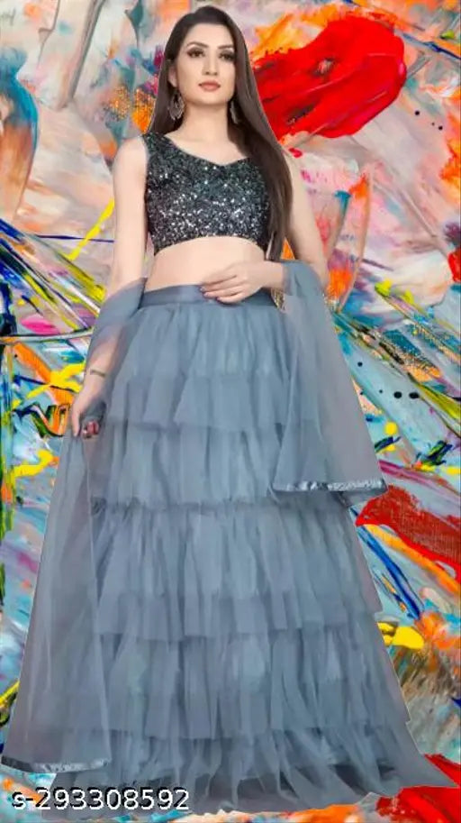 Velvet and net Alisha fashion lehenga set with embellished top and solid dupatta, free size (waist 42in, length 42in)