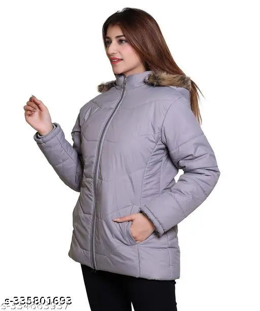 Nylon solid pattern women's jacket with zip closure, available in sizes M-XXL. Made in India
