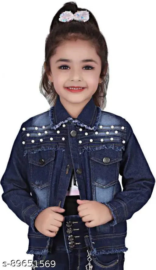 Denim jacket with button closure, short sleeves, and a heart pattern on the front