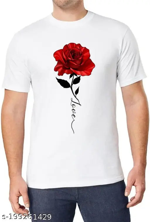 Red rose printed polyester t-shirt, short sleeves, vibrant design on chest