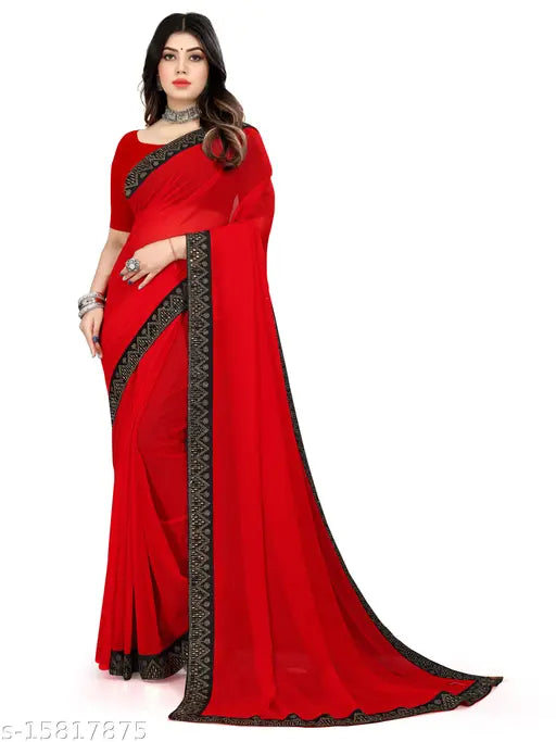 Red party saree, woven fabric, floor length, bordered with lace details