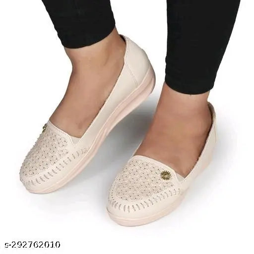 Cream "126CREAM" women's slip-on shoes, leather with embellishments, light beige color.