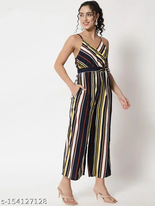 Striped crepe sleeveless women's western wear printed jumpsuit, Indian-origin fashion piece on mannequin
