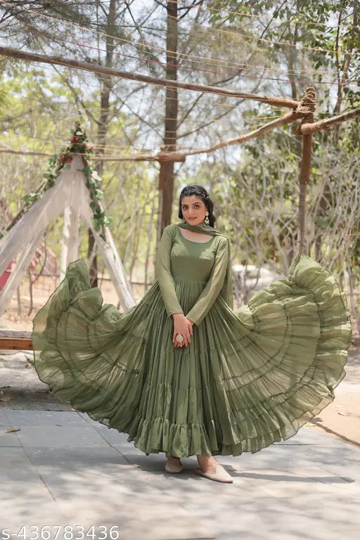 Ethnic Yard georgette Anarkali Kurta set with embroidered long sleeves, perfect for parties and events