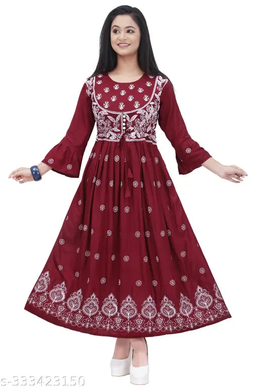 Rayon embroidered net three-quarter sleeve trendy gown kurti for women, India-made fashionable Indian wear for events and functions