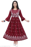 Rayon embroidered net three-quarter sleeve trendy gown kurti for women, India-made fashionable Indian wear for events and functions