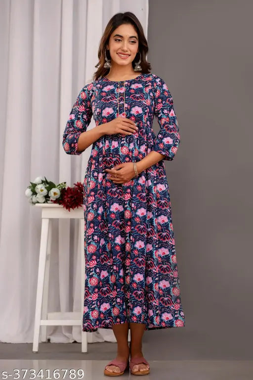 Feminine cotton kurti, three-quarter sleeves, printed maternity dress with invisible vertical zippers for easy breastfeeding access. Breathable cotton fabric, suitable for home & office wear. Available in sizes M - XXXL." (115 characters)