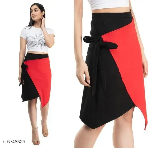 Trendy cotton spandex skirt with high waist and tie at front
