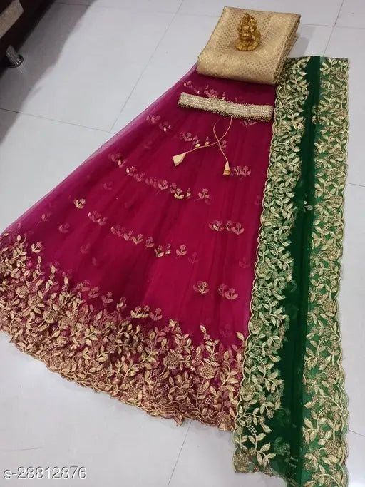 Unstitched traditional silk & net embroidered lehenga set with belt, India