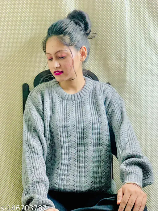 Grey wool striped long-sleeve sweater, trendy and fashionable for women or girls. Perfect for pairing with leggings, jeans, or chinos. Hand wash. Suitable for cold winter. Made in India