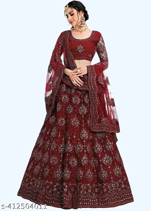 Embroidered net semi-stitched lehenga with unstitched blouse set, satin bottom and net dupatta, Indian bridal wear