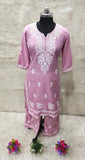 Embroidered rayon kurta set with palazzos, fancy Chikankari work on three-quarter sleeves, Indian traditional fashion for women