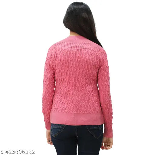 Women's wool full sleeves round neck cardigan - solid, long-sleeved sweater for women, made in India