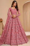 Pink silk blend semi-stitched lehenga with unstitched blouse & net dupatta, Indian paisley pattern and woven thread work embroidery