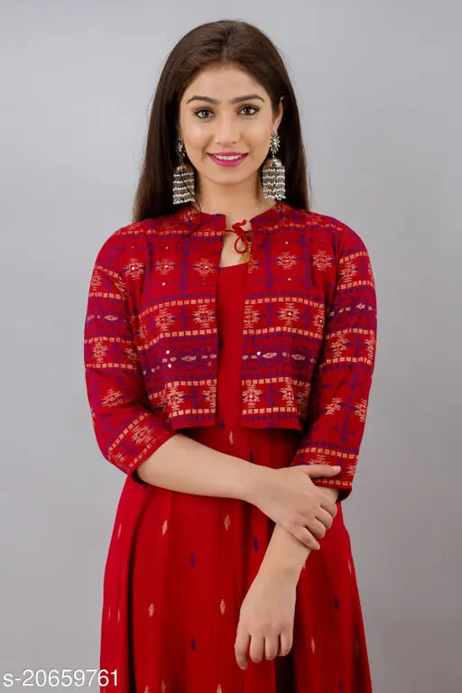 Red printed Anarkali kurta with detachable jacket, rayon, sleeveless, Indian fashion on model