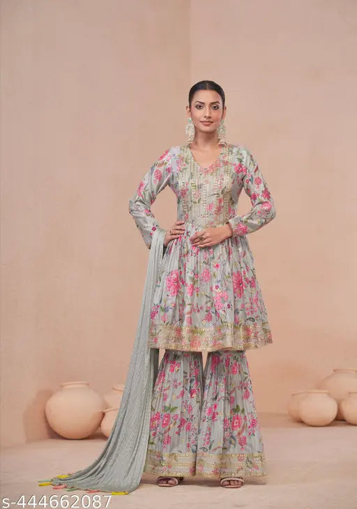 Grey full-stitched Ethnik womens kurta sharara set with embroidery and dupatta, Santoon inner and Chinon outer, 1191G
