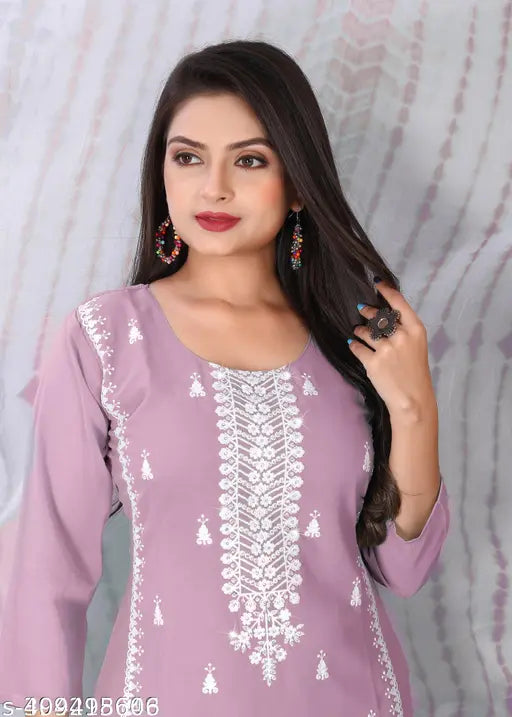 Blue, cotton kurta with diamond embroidery, long sleeves, matching dupatta