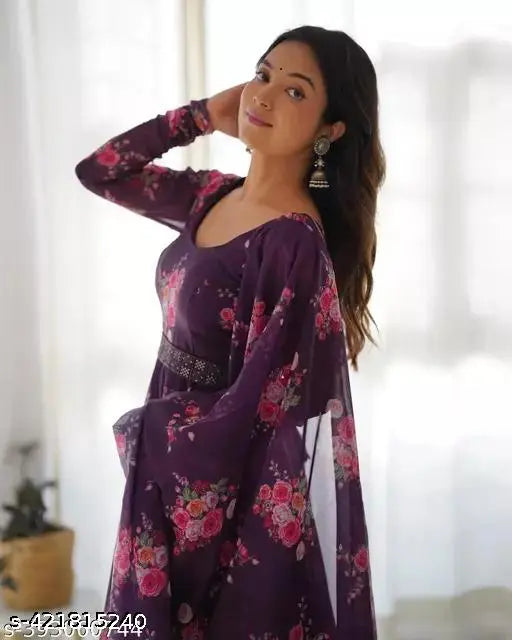 Floral Georgette Long Kurti Set with Dupatta & Belt (No Bottomwear), ideal for ethnic events, made in India