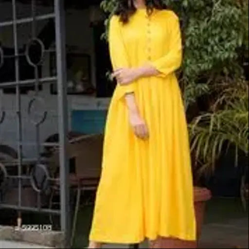 Women's rayon flared solid yellow kurti, three-quarter sleeves, single color, Indian handcrafted fashion