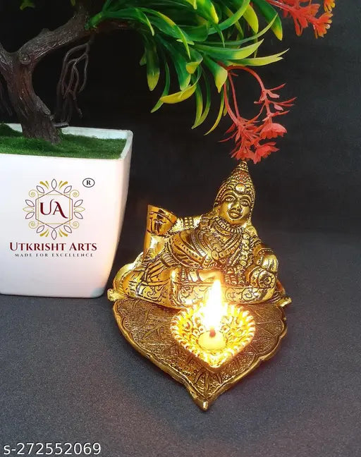 Metal Kuber Statue with oil lamp - Feng Shui showpiece for temple decor & pooja articles, 13cm x 6.5cm x 10cm, brings prosperity and good luck, Indian origin